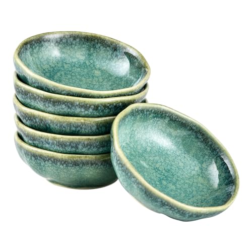 Henxfen Lead 3.75 Oz Ceramic Dipping Bowls, Soy Sauce Dish - Small Serving Bowls Set for Side Dishes, Condiment, Appetizer, Ketchup, Bbq and Party Dinner- Reactive Green