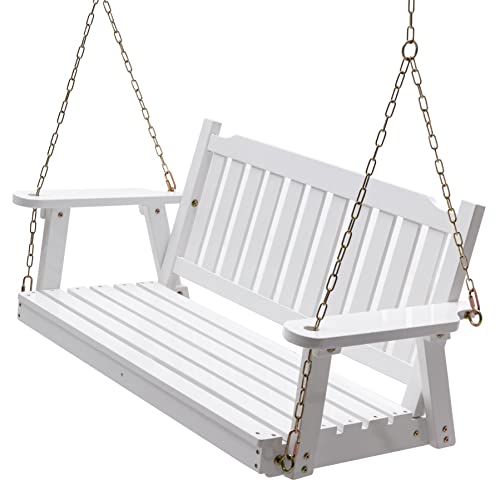 Anraja Wooden Porch Swing 2-Seater Bench Swing With Hanging Chains Heavy Duty 800 Lbs for Outdoor Patio Garden Yard, Large 4 Ft, White
