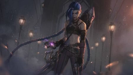 Official art for the League of Legends Arcane Enemy Jinx skin has been brightened, showing a woman with long blue hair in braids holding an explosive device.
