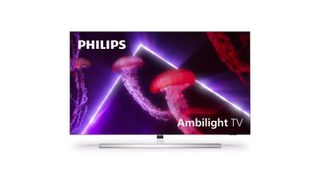 A product shot o the Philips OLED807 TV on a white background