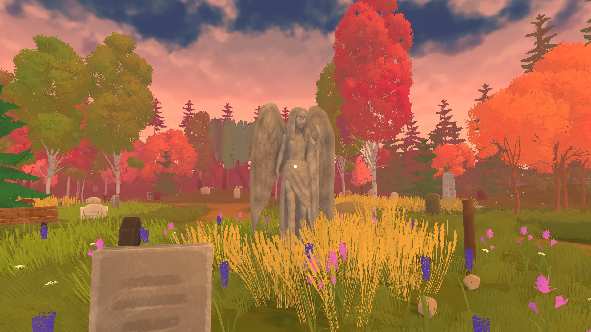 Seasonala Cemetery screenshot showing a graveyard with an angel statue overlooking flowers
