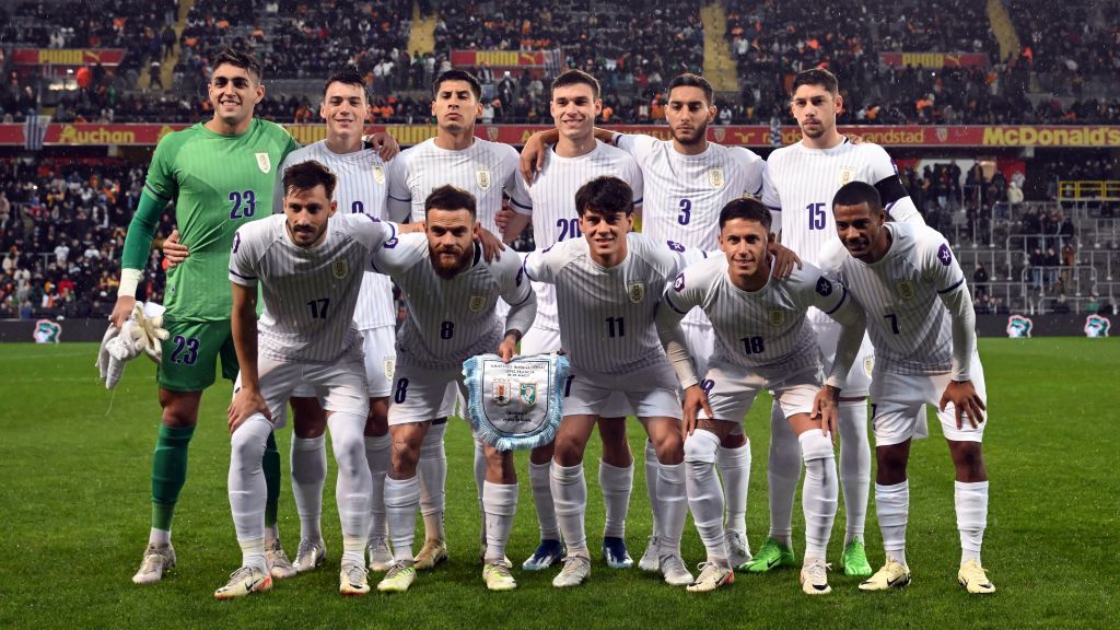 Uruguay goalkeeper Santiago Mele, Federico Vinas of Uruguay, Mathias Olivera of Uruguay, Manuel Ugarte of Uruguay, Sebastian Caceres of Uruguay, Federico Valverde of Uruguay (front l-r) Matias Vina of Uruguay, Nahitan Nandez of Uruguay, Facundo Pellistri of Uruguay, Brian Rodriguez of Uruguay, Nicolas de la Cruz of Uruguay during the friendly Interland match between Ivory Coast and Uruguay at Stade Bollaert Delelis on March 26, 2024 in Lens, France. ANP | Hollandse Hoogte | GERRIT VAN COLOGNE (Photo by ANP via Getty Images)