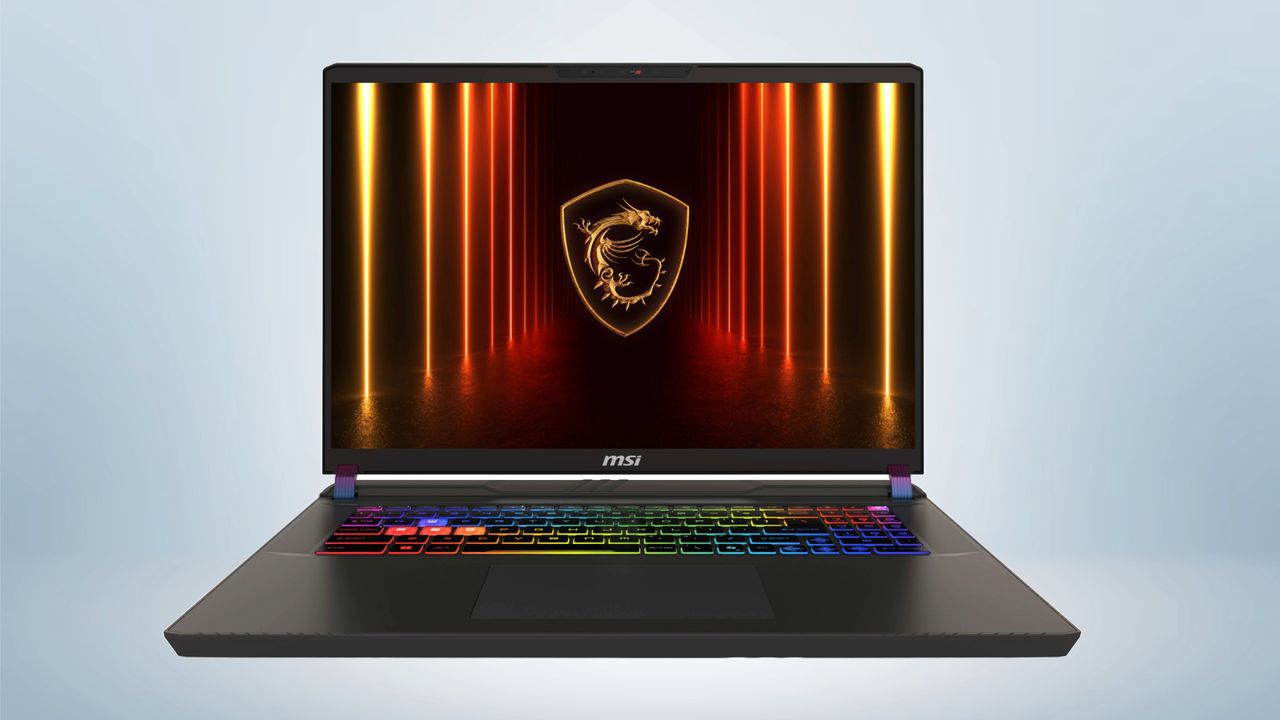 The MSI Vector 17 gaming laptop in front of a gray background