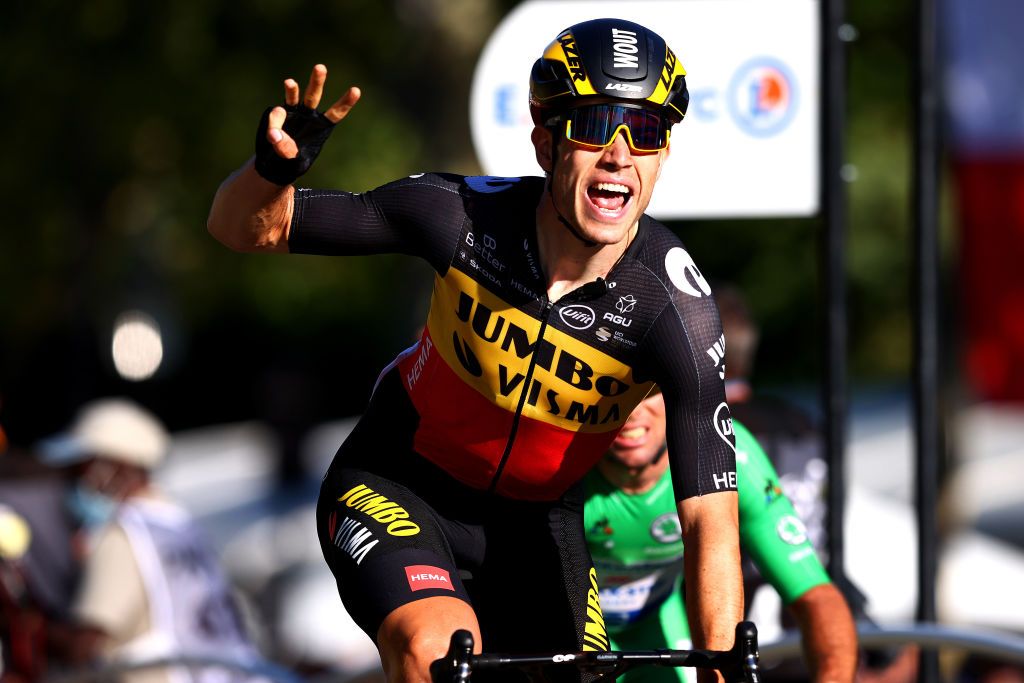 PARIS FRANCE JULY 18 Van Aert of Belgium and Team JumboVisma celebrates at arrival during the 108th Tour de France 2021 Stage 21 a 1084km stage from Chatou to Paris Champslyses LeTour TDF2021 on July 18 2021 in Paris France Photo by Michael SteeleGetty Images