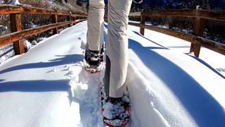 A person snowshoeing over a bridge