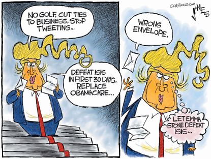 Political Cartoon U.S. Trump Tweets golf Obamacare Oscars envelope La La Land