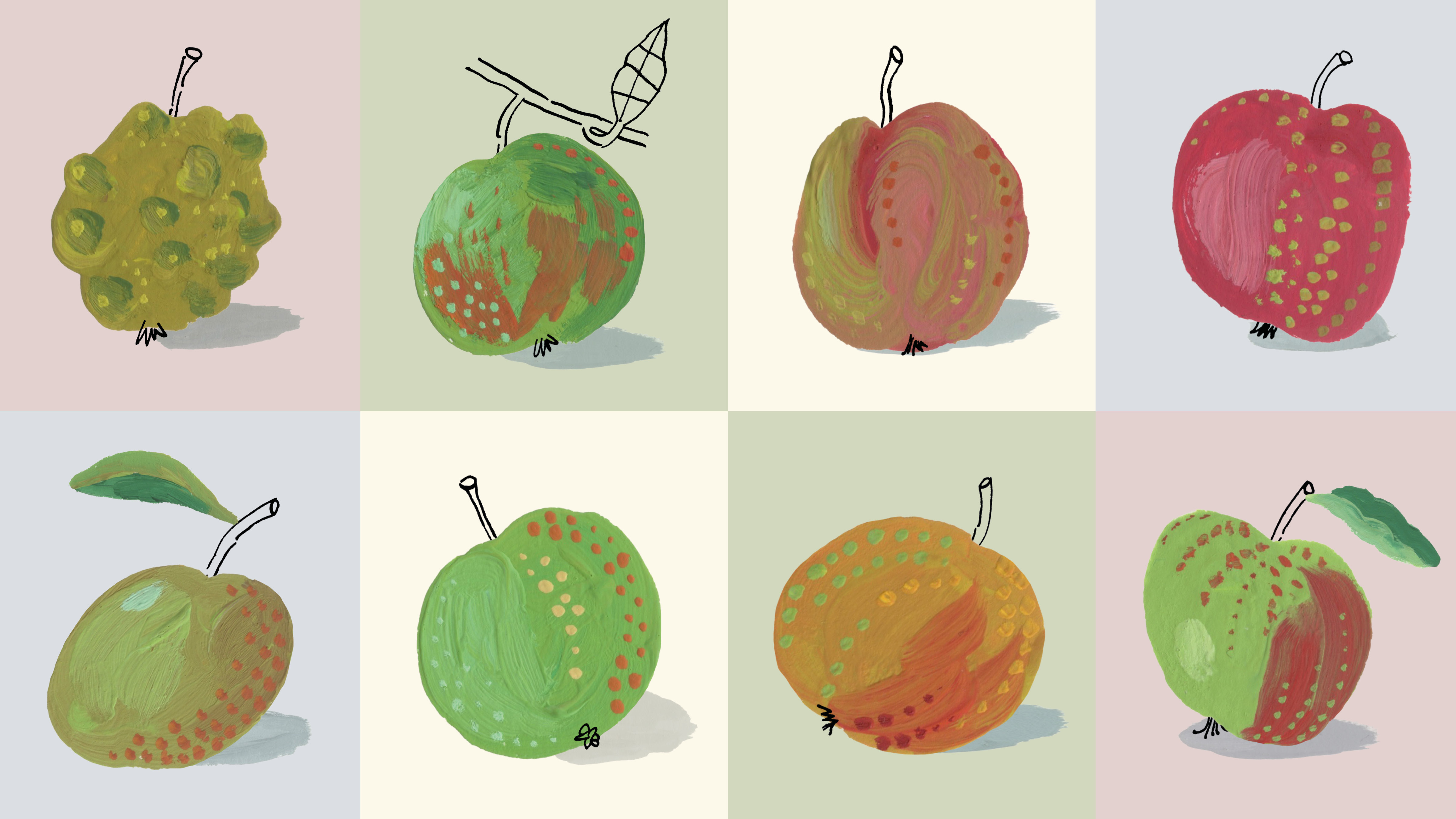 Illustrated grid of eight apples