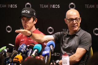 Dave Brailsford and Geraint Thomas at Team Ineos' press conference on the second rest day of the Tour de France.