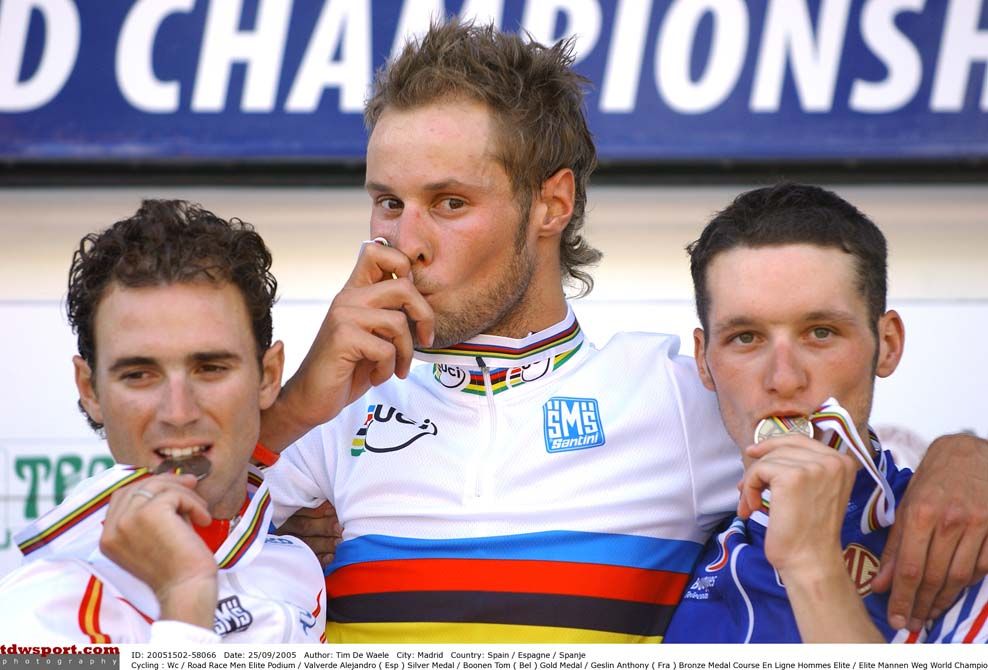 Tom Boonen kisses his gold medal on the podium