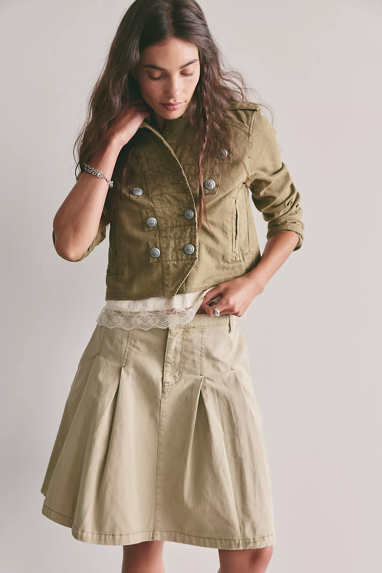 Chino Pleated Midi Skirt