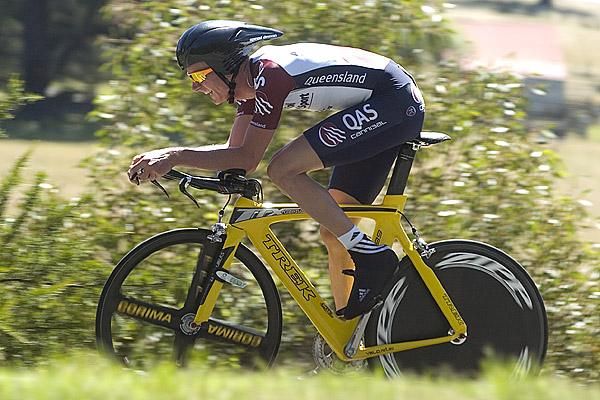 Jack Anderson from Queensland charges towards a silver medal in the men's open road time trial.