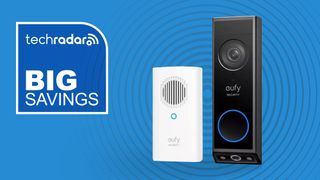 Eufy Video Doorbell Dual with chime on blue background with white text reading &quot;TechRadar Big Savings&quot;