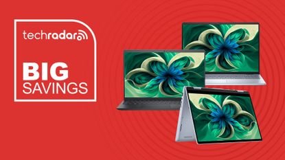 Three Dell laptops side by side on a red background next to TechRadar deals big savings badge