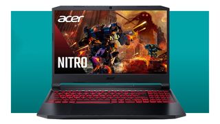 The Acer Nitro 5 gaming laptop front on, open, on a blue background.