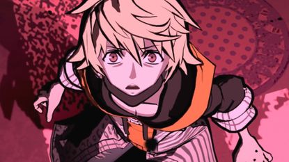 Rindo looking up at a red sky scared during one of the best games like Persona 5, NEO: The World Ends with You