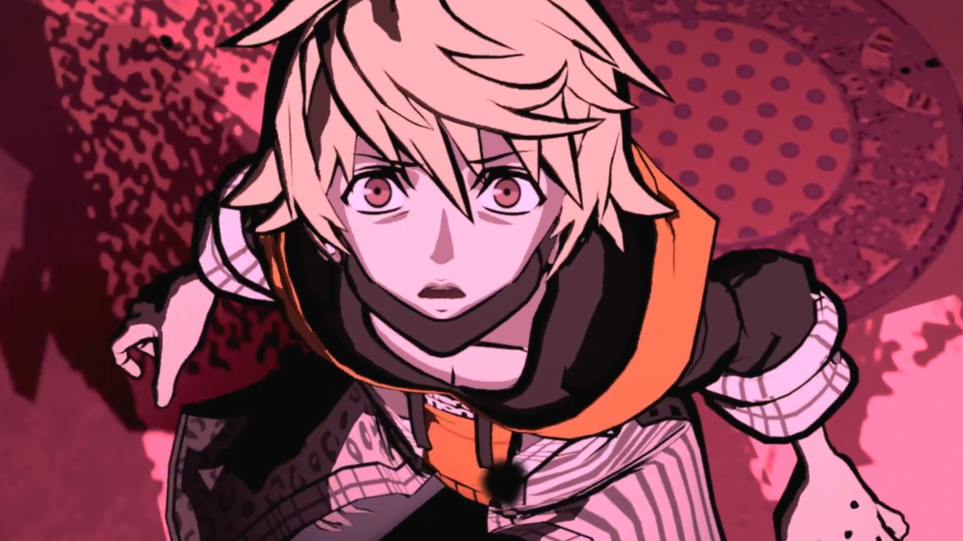 Rindo looking up at a red sky scared during one of the best games like Persona 5, NEO: The World Ends with You