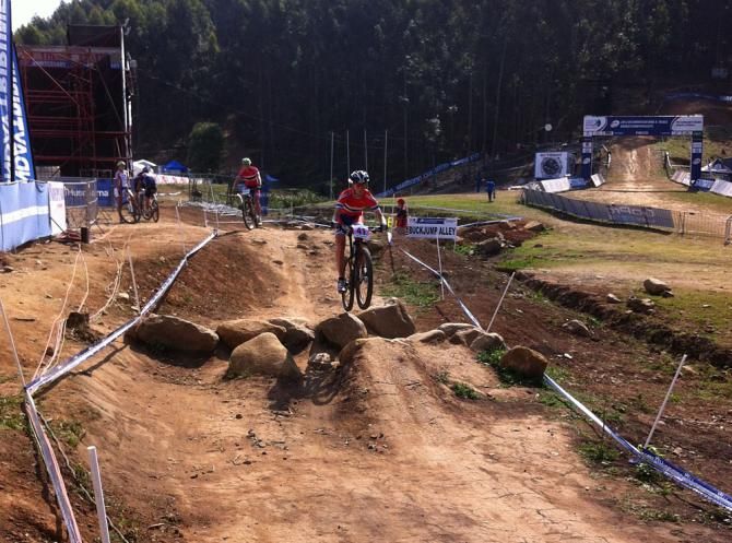 Lene Byberg (Norway) practices some jumps on the XC course. She was the only rider spotted running a lap the day prior.