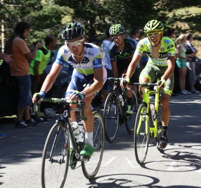 Christian Meier (Orica) leads Be&ntilde;at Intxausti (Movistar) and Yonatan Monsalve (Fantini)