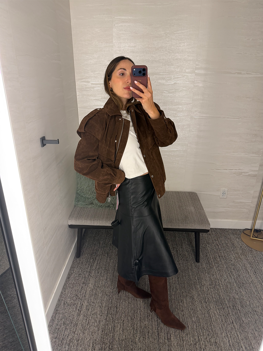 Anna LaPlaca trying on fall fashion items from the Nordstrom Anniversary Sale.