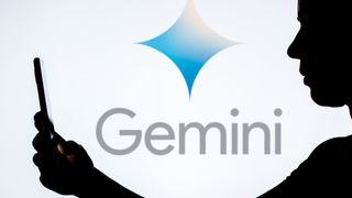 A silhouette of a woman holding a smartphone with the Google Gemini logo in the background
