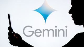 Silhouette of a woman with a smartphone against the background of the Google Gemini logo