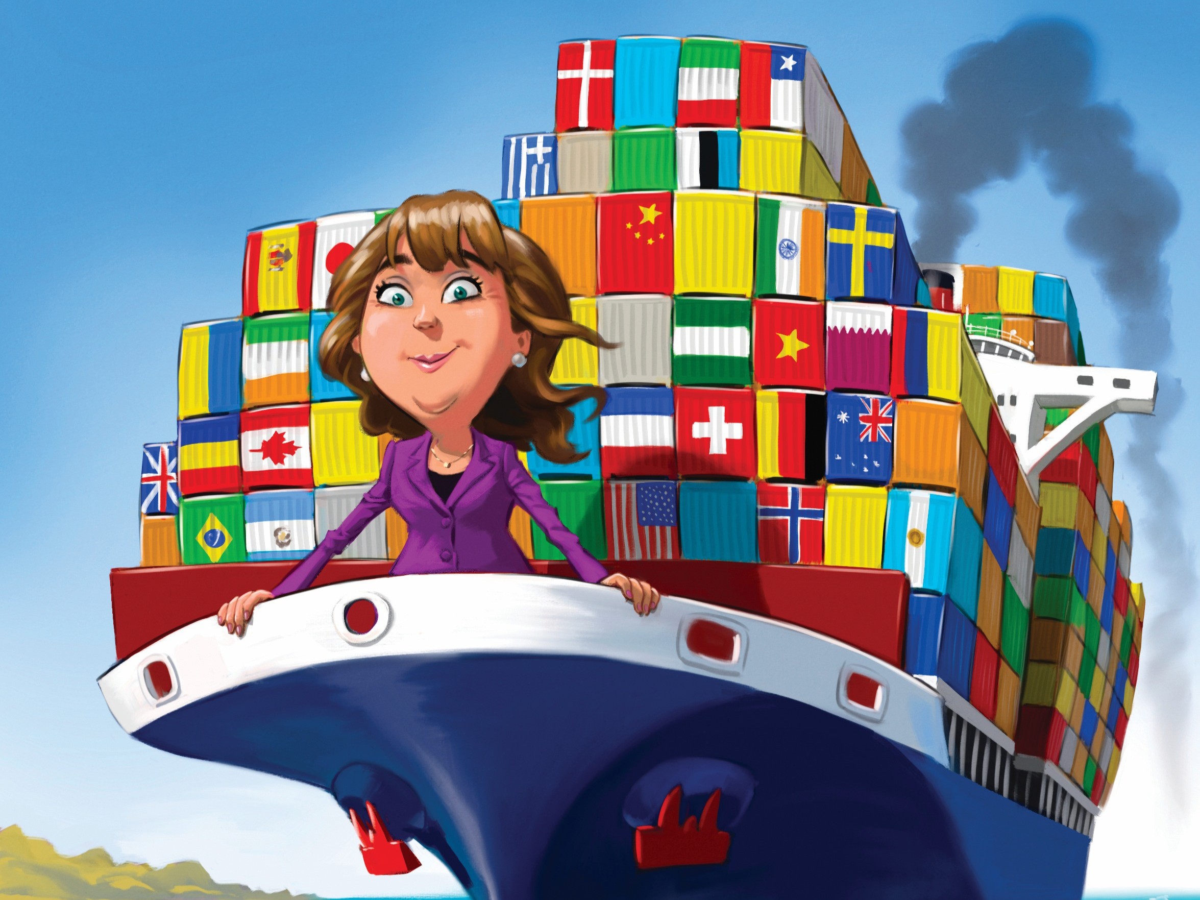 Shipping cover story illustration &ndash; woman standing at the prow of a container ship