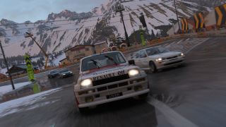 Forza Horizon 6 Link Skills: A Renault racing towards the camera in a snowy, mountainous region.