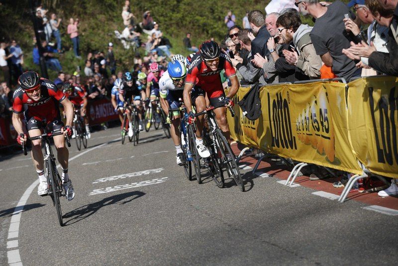 Philippe Gilbert (BMC) and Michael Matthews (Orica-GreenEdge) attack as Ben Hermans (BMC) fades after his earlier attack to set up Gilbert