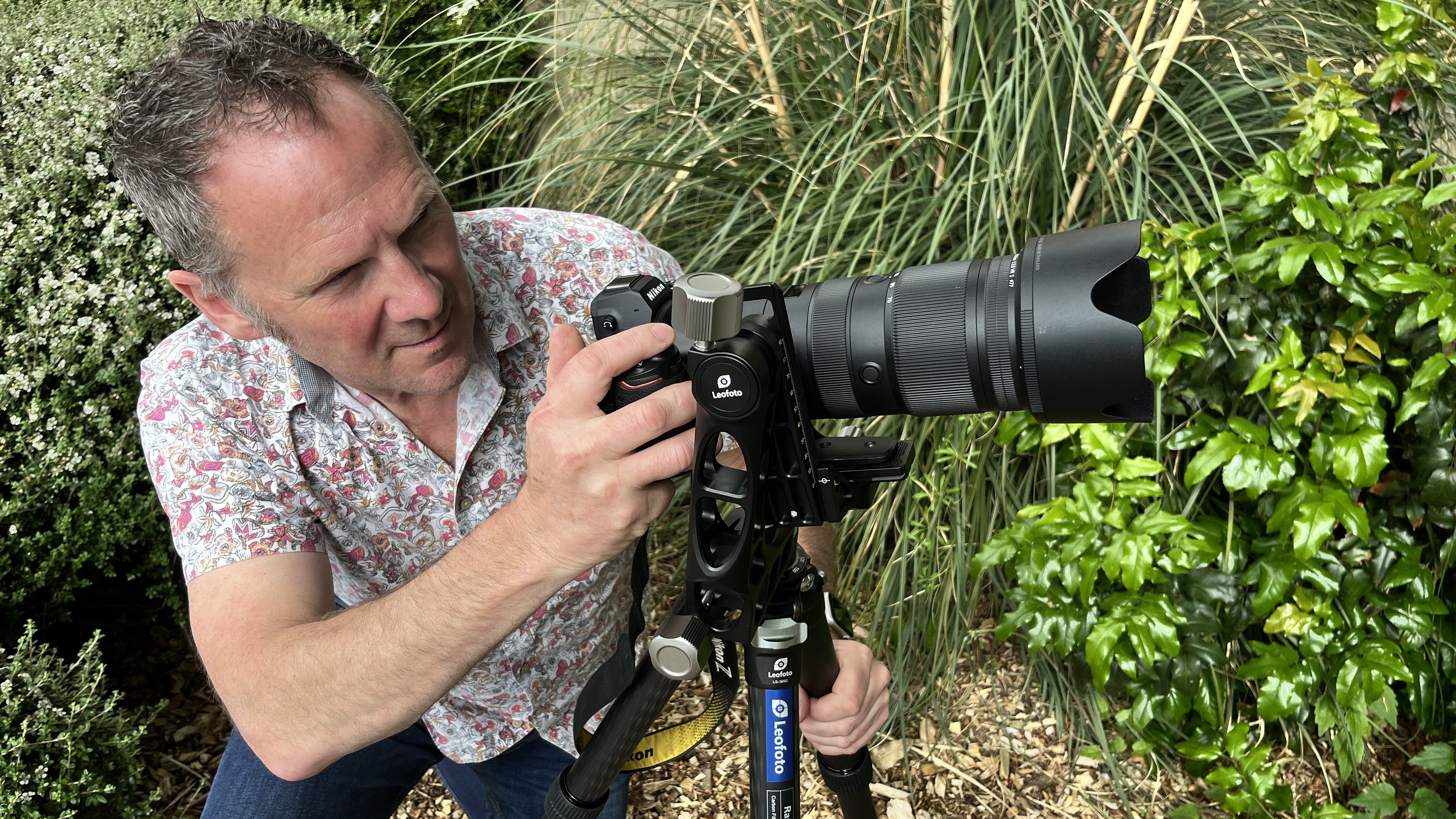 Leofoto PG-1 Gimbal head mounted on Leofoto tripod with Nikon camera and 70-200mm f/2.8 lens