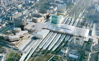 Aerial view of the train station photographed from the sky showing the solar panels on the the roof