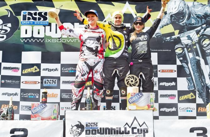 Elite women's podium at Spicak European Downhill Cup