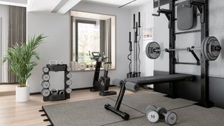 A home gym feature weight racks and bench