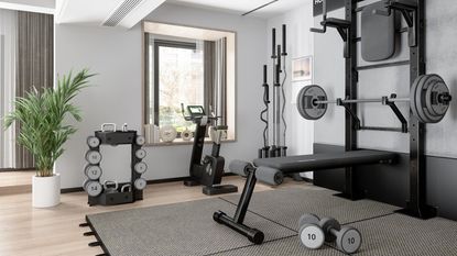 A home gym feature weight racks and bench