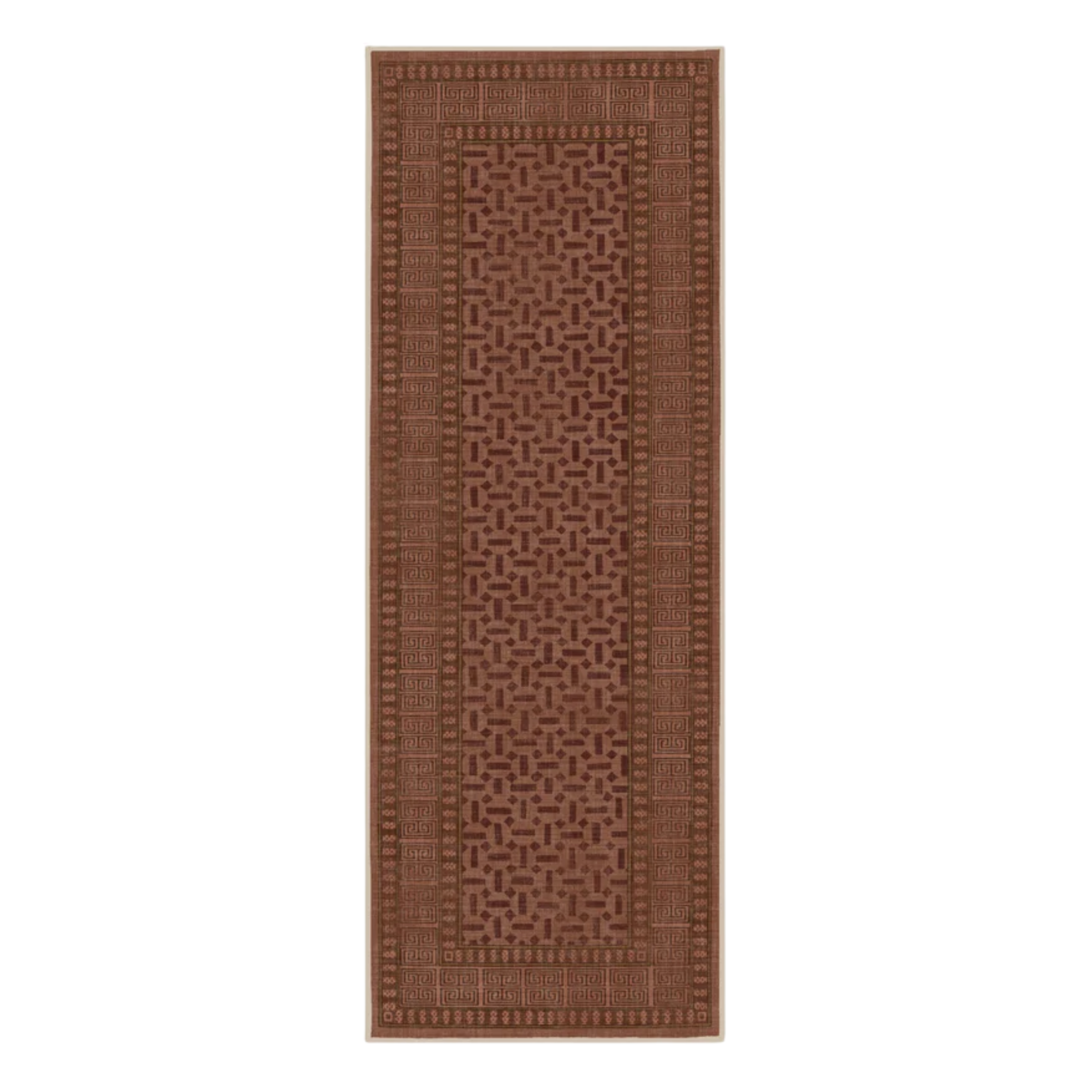 a brownish red runner rug