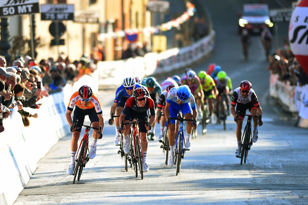 LONGIANO ITALY MARCH 23 A general view of Ethan Hayter of United Kingdom and Team INEOS Grenadiers yellow best young jersey Matteo Sobrero of Italy and Team BikeExchange Jayco and Ben Tulett of United Kingdom and Team INEOS Grenadiers sprint to win during the 36th Settimana Internazionale Coppi e Bartali 2022 Stage 2 a 1659km stage from Riccione to Longiano 156m CoppieBartali on March 23 2022 in Longiano Italy Photo by Dario BelingheriGetty Images