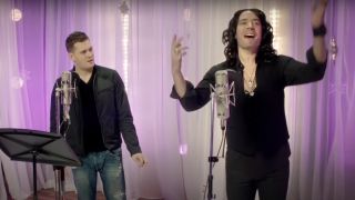 Michael Buble in a recording studio with Jimmy Fallon as Russell Brand on SNL