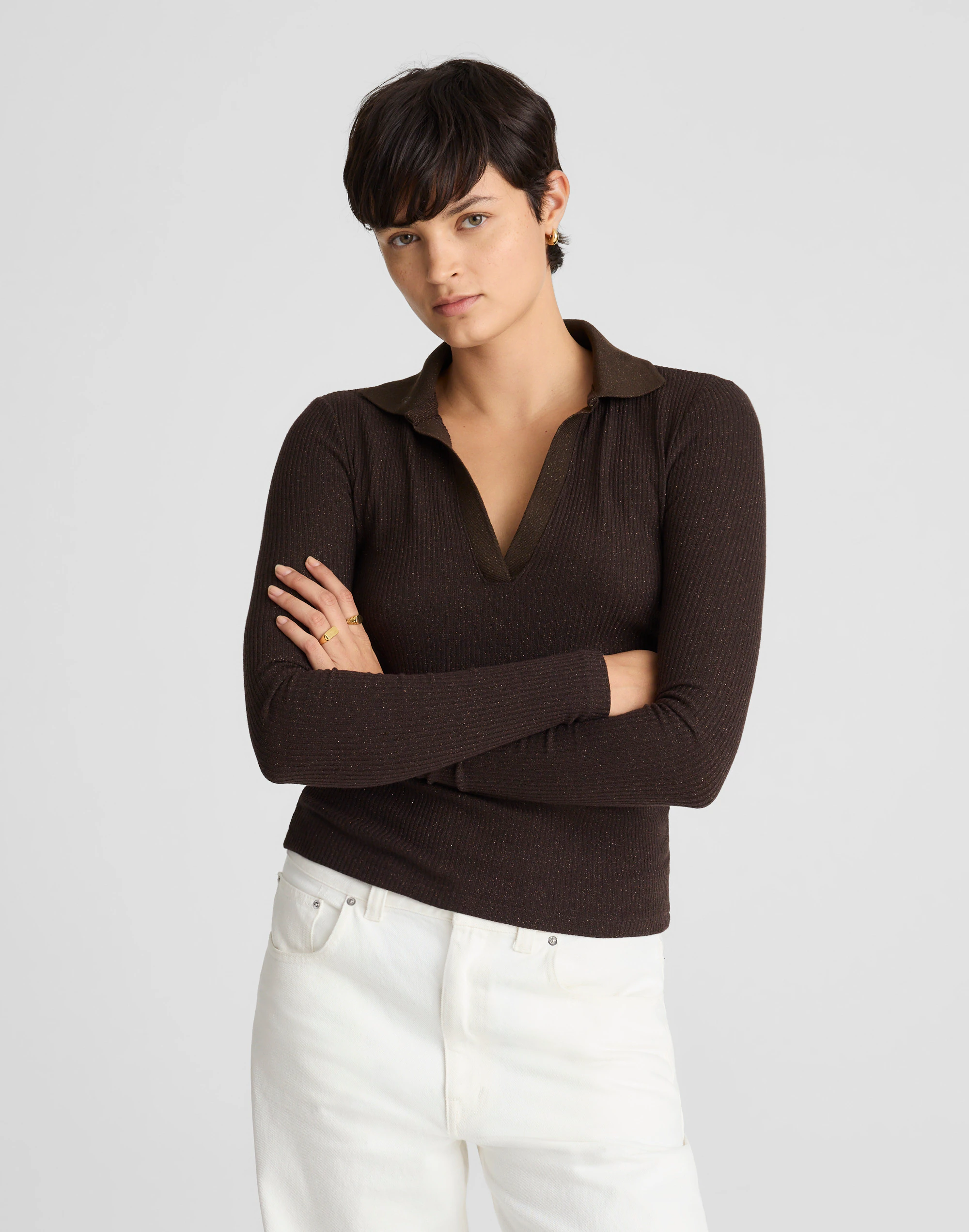 Sparkle Long-Sleeve Polo Top