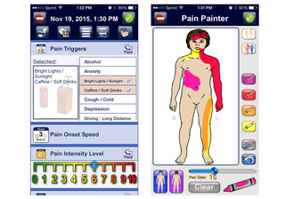 The home screen and "painter" screen of the Chronic Pain Tracker Lite app
