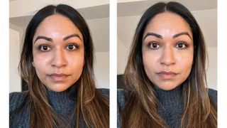 Before and after pictures of Digital Beauty Editor, Aleesha Badkar, wearing Erborian's Red Correct CC Cream