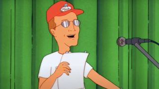 Dale reading a speech from a piece of paper in King of the Hill.