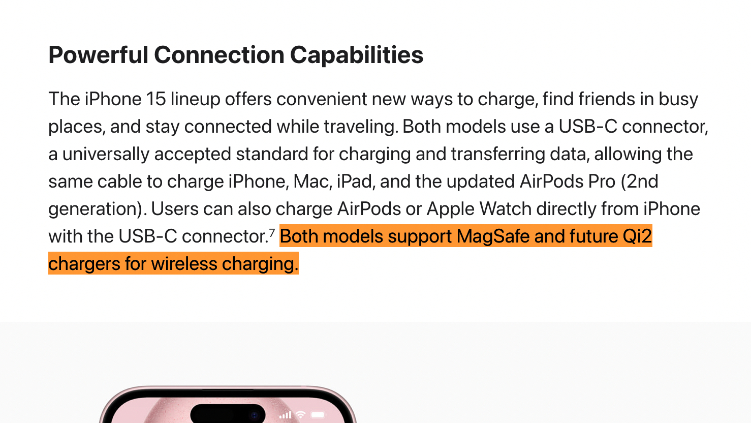 Press release excerpt for the iPhone 15
