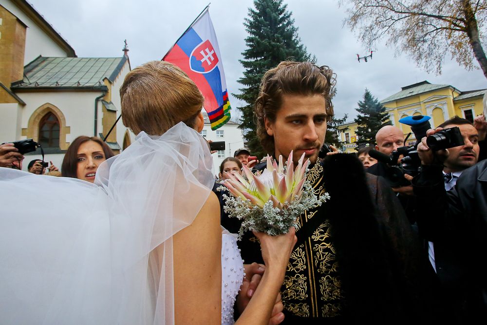 UCI World Champion Peter Sagan and his wife Katarina Smolkova are seen after their wedding in the town of Dolny Kubin in North Slovakia on November 11, 2015.