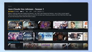 A screenshot of the Prime Video app interface on a Samsung smart TV, against a blue background