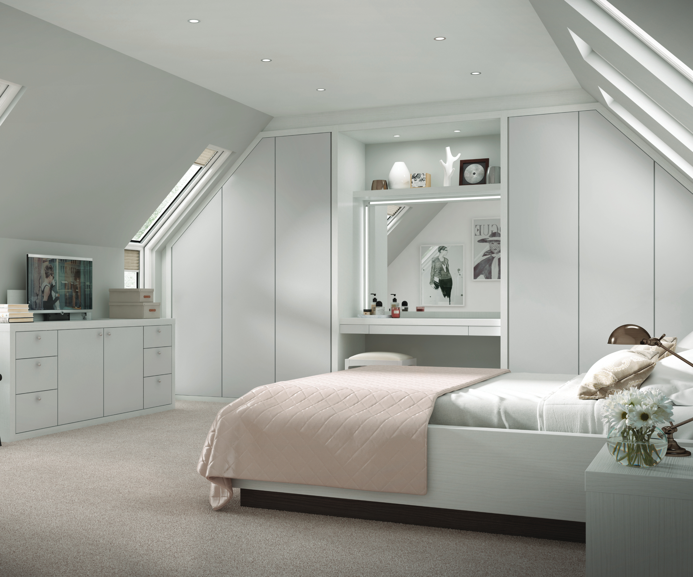 bedroom loft conversion with built in wardrobes, dressing area, velux windows and white and grey colour scheme