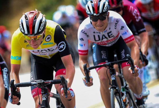 Race leader Tadej Pogacar (UAE Team Emirates) works hard on stage 7 of the 2019 Tour of California