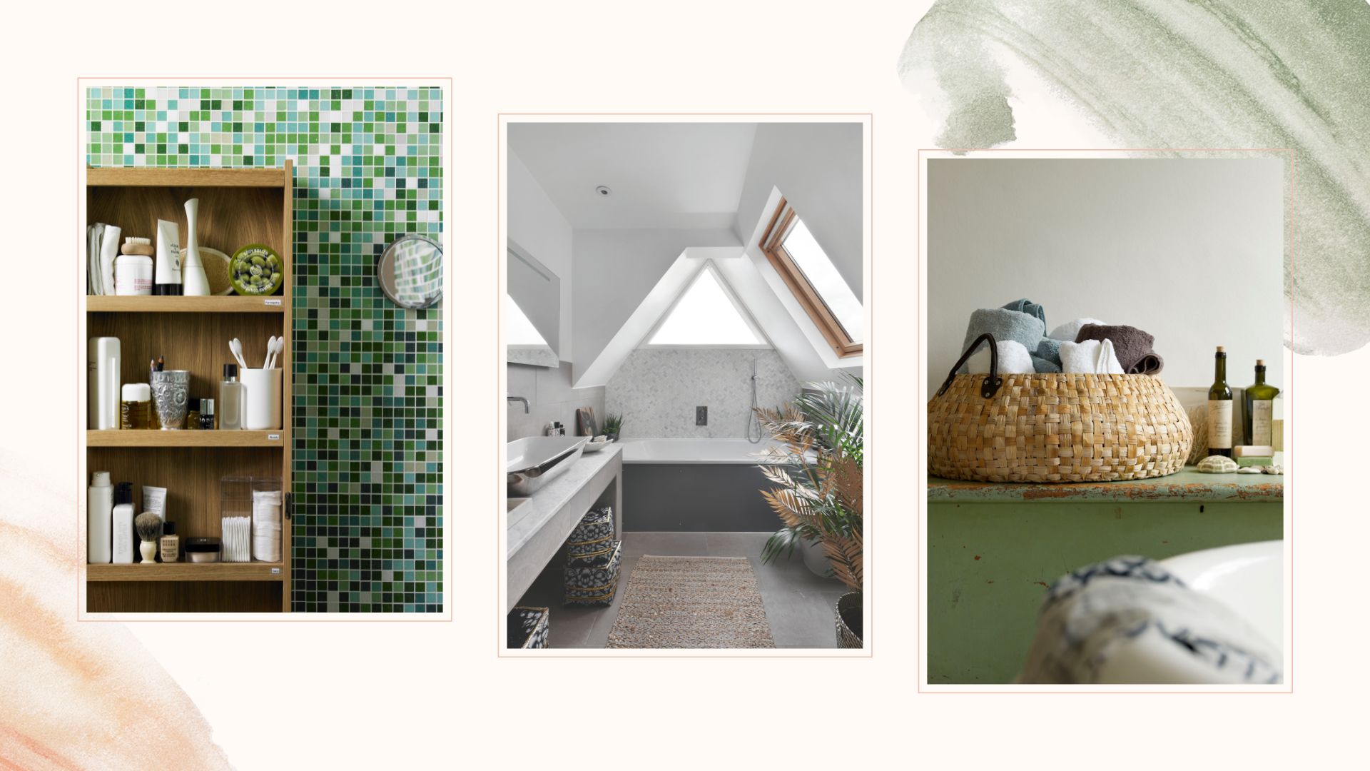 Compilation of bathroom images to show the things to remove from a bathroom to make it easier to clean