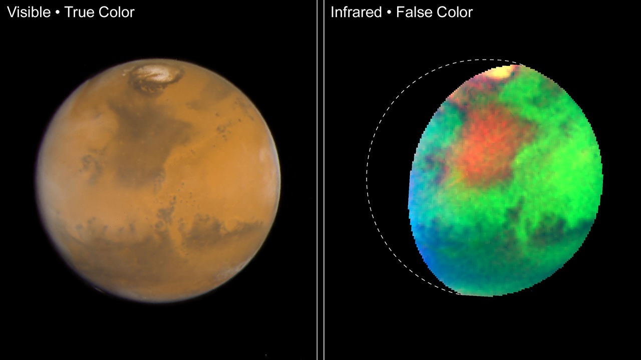 a two-paneled image showing a true color photo of Mars and an infrared version rendered in rainbow shades