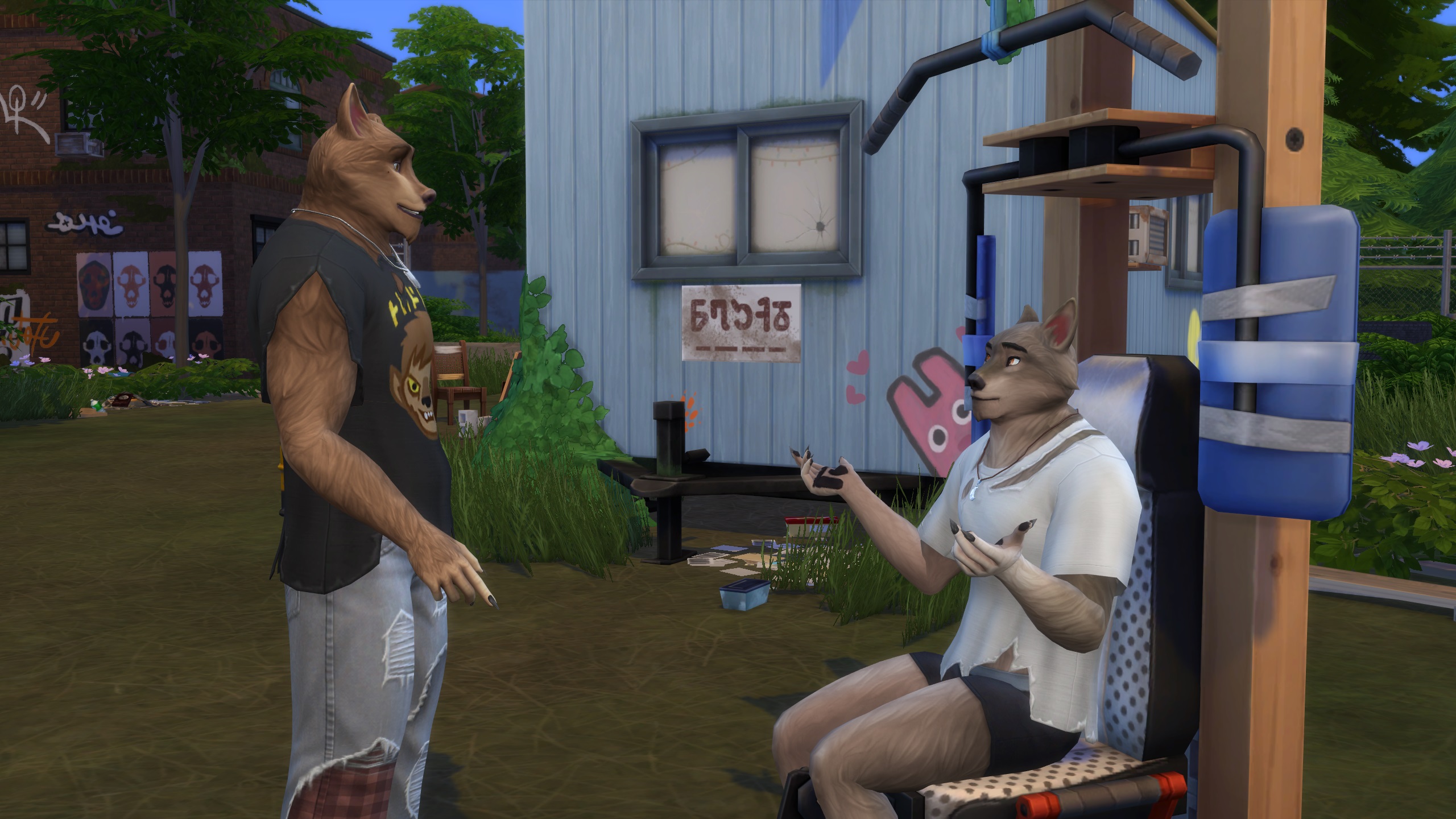 The Sims 4 Werewolves - Two werewolf Sims talk while one sits on a lifting bench outside the Wildfangs trailer.