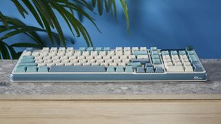 A Royal Kludge S98 wireless mechanical keyboard with blue, teal and white double-shot ABS keycaps