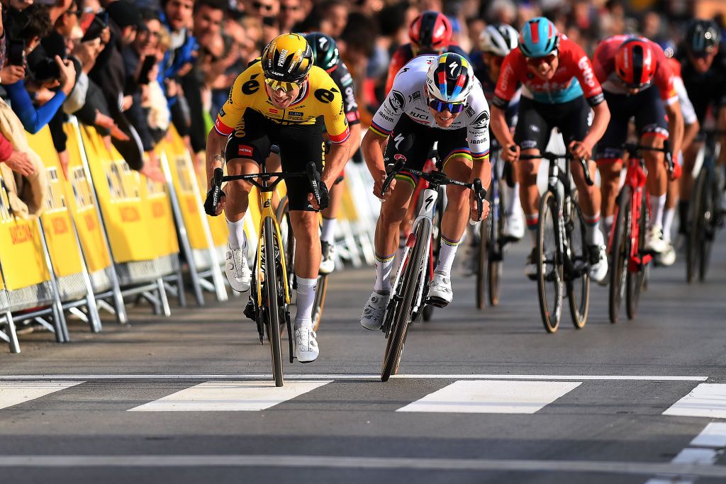 SANT FELIU DE GUIXOLS SPAIN MARCH 20 EDITORS NOTE Alternate crop LR Primoz Roglic of Slovenia and Team JumboVisma and Remco Evenepoel of Belgium and Team Soudal QuickStep sprint at finish line during the 102nd Volta Ciclista a Catalunya 2023 Stage 1 a 1646km stage from Sant Feliu de Guxols to Sant Feliu de Guxols VoltaCatalunya102 on March 20 2023 in Sant Feliu de Guixols Spain Photo by David RamosGetty Images